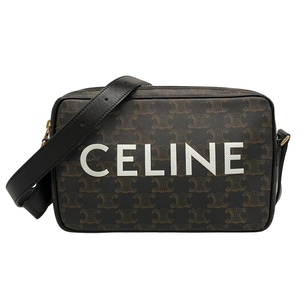 CELINE Triomphe Canvas Shoulder Bag Logo Black Brown Leather - Picture 1 of 7